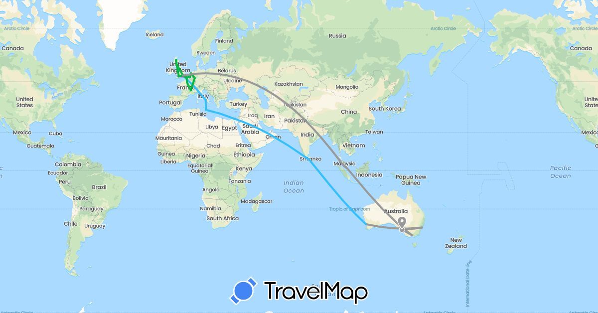TravelMap itinerary: driving, bus, plane, train, boat in Australia, Belgium, Germany, Egypt, France, United Kingdom, Italy, Sri Lanka, Malta, Malaysia, Netherlands, Singapore (Africa, Asia, Europe, Oceania)